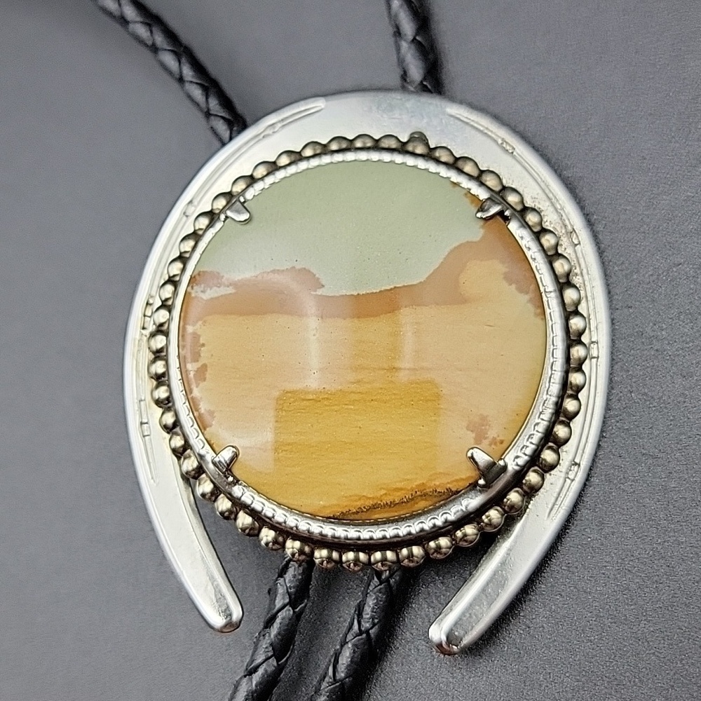 Mens Desert Lanscape Picture Jasper Bolo Braided Leather Tie Natural Gemstone